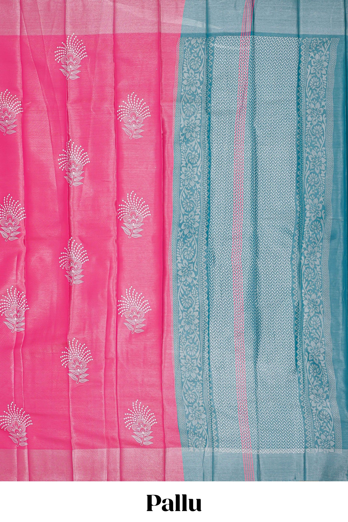 Borderless bright pink floral motifs art tissue saree with contrast  pallu and blouse