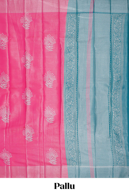 Borderless bright pink floral motifs art tissue saree with contrast  pallu and blouse