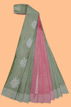 Borderless moss green floral motifs art tissue saree with contrast  pallu and blouse