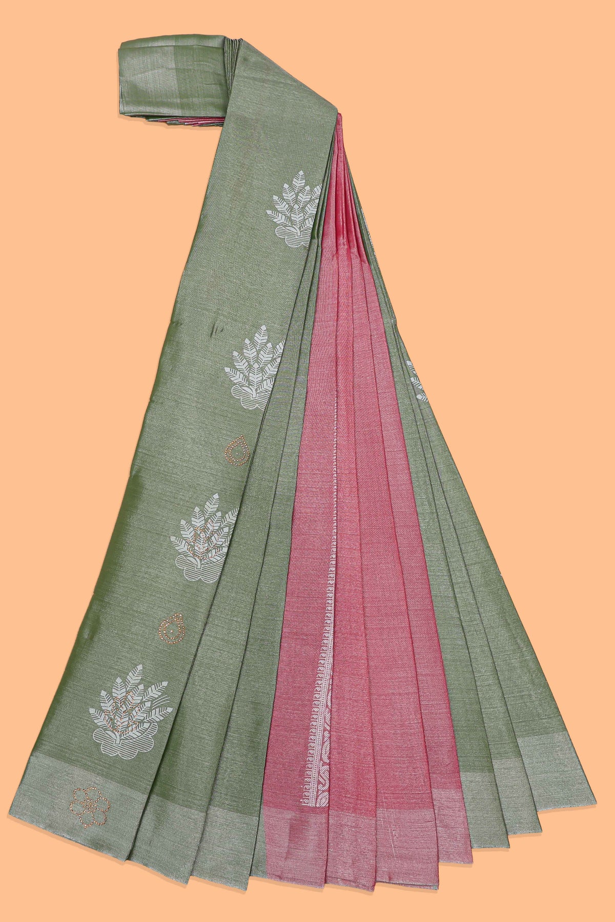 Borderless moss green floral motifs art tissue saree with contrast  pallu and blouse