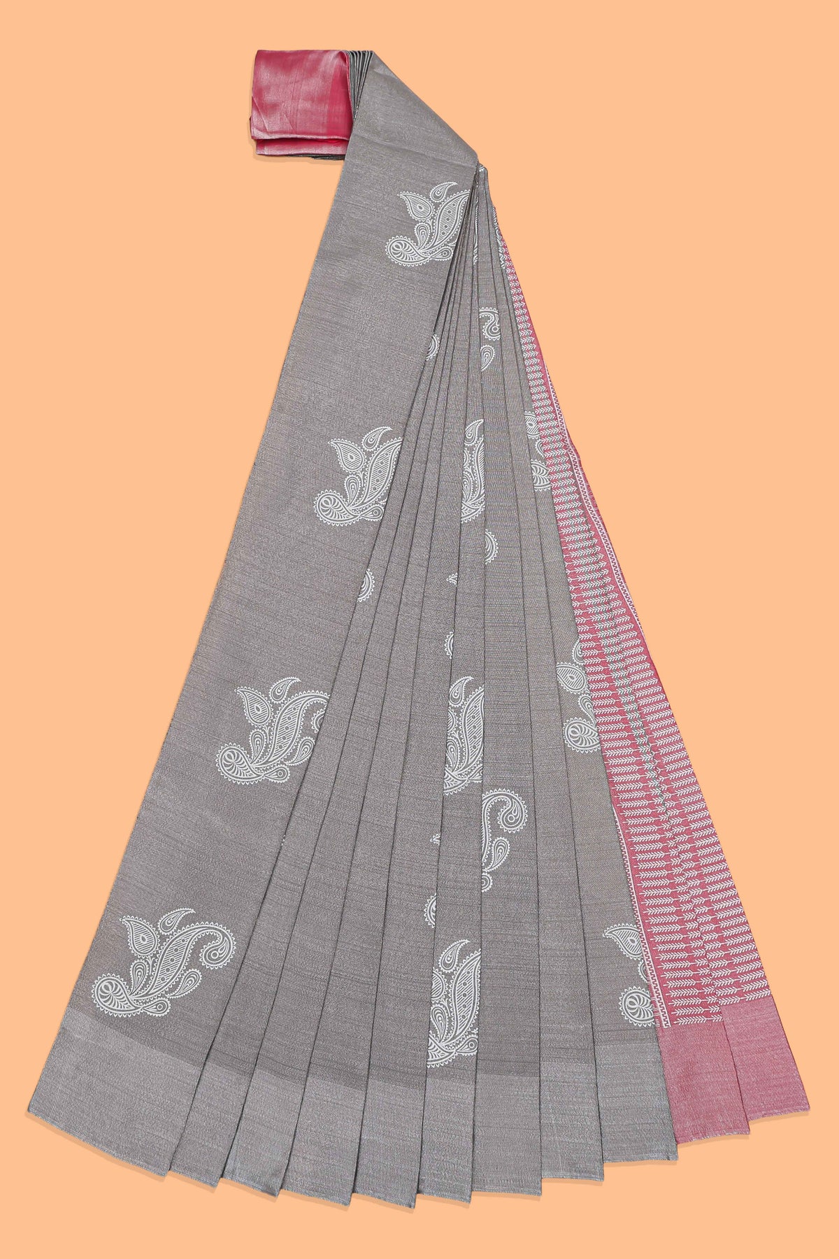 Borderless grey floral motifs art tissue saree with contrast  pallu and blouse