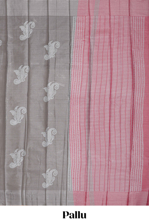 Borderless grey floral motifs art tissue saree with contrast  pallu and blouse