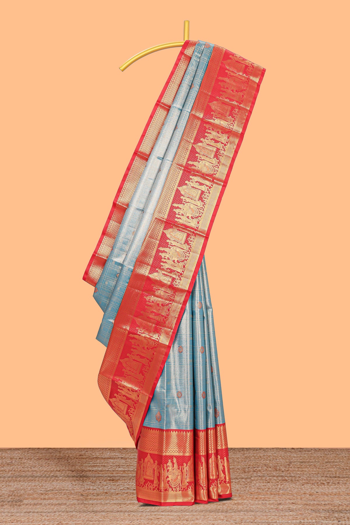 Light blue geometric checked  floral motifs design with contrast palak zari design border and blouse