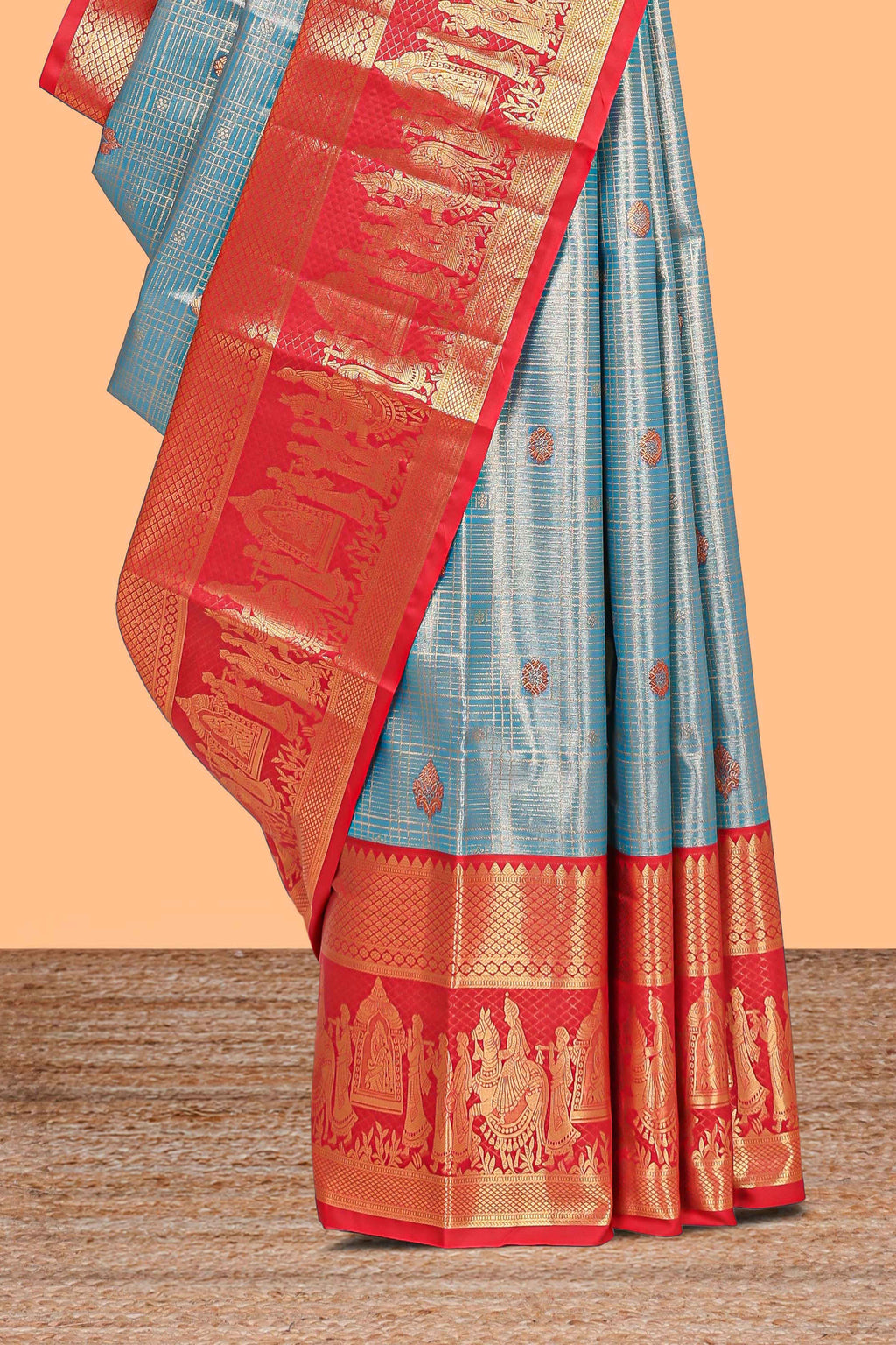Light blue geometric checked  floral motifs design with contrast palak zari design border and blouse
