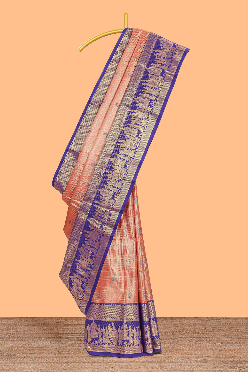Orange geometric checked  floral motifs design with contrast palak zari design border and blouse