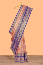 Orange geometric checked  floral motifs design with contrast palak zari design border and blouse