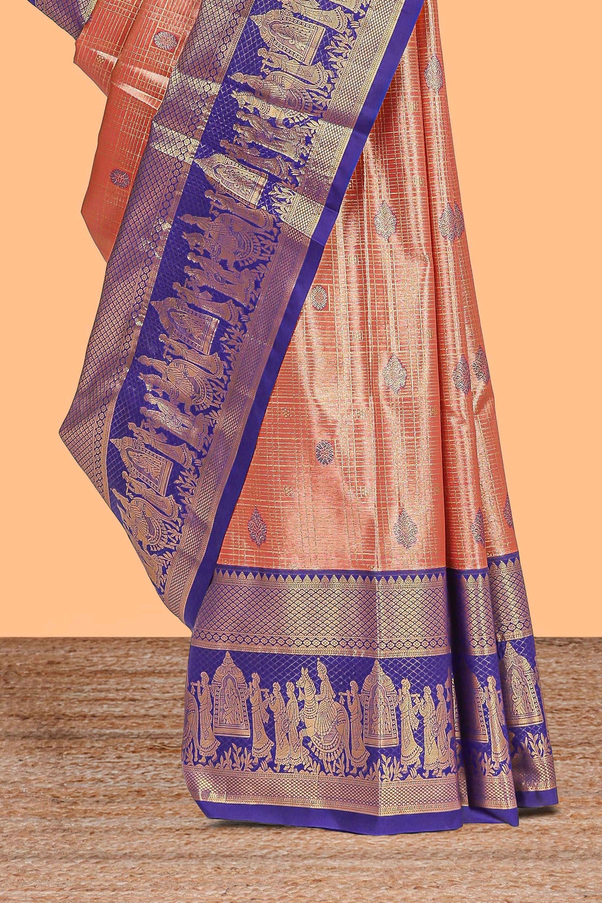 Orange geometric checked  floral motifs design with contrast palak zari design border and blouse