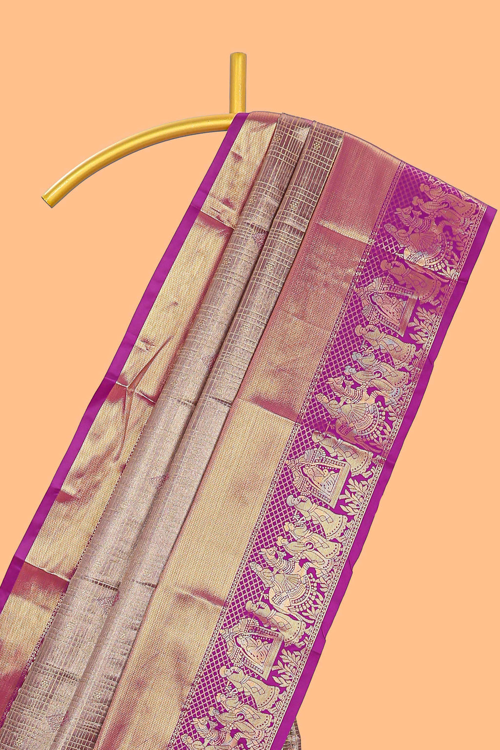 Peach geometric checked  floral motifs design with contrast palak zari design border and blouse