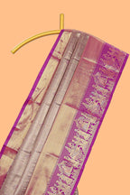 Peach geometric checked  floral motifs design with contrast palak zari design border and blouse