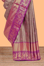 Peach geometric checked  floral motifs design with contrast palak zari design border and blouse