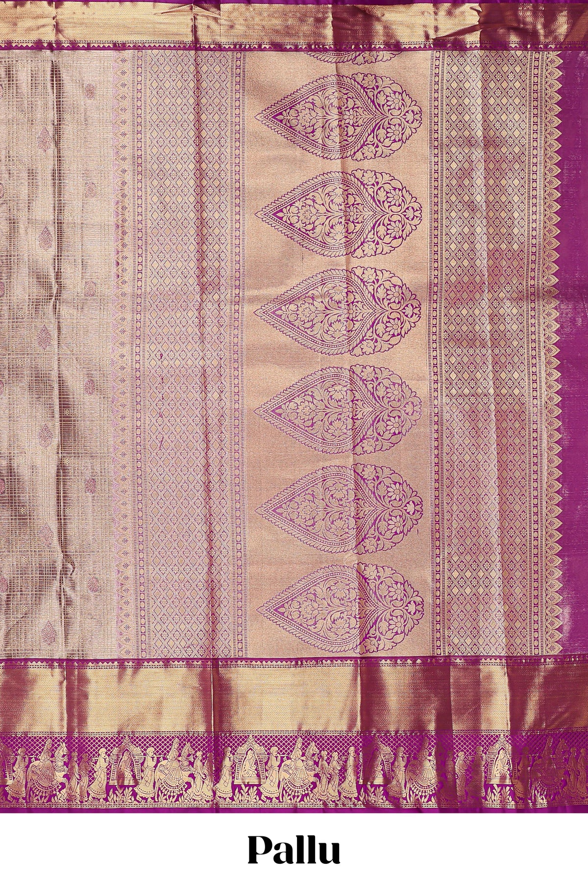 Peach geometric checked  floral motifs design with contrast palak zari design border and blouse