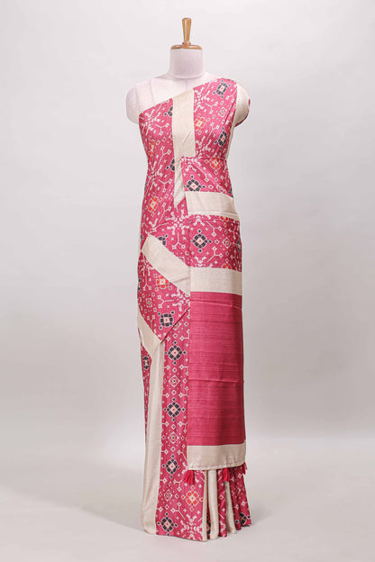 Borderless pink block stripes ikkat style tussar saree with self pallu and matching blouse