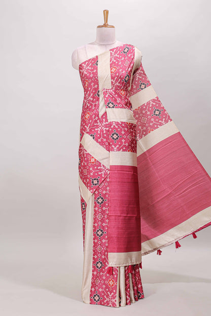 Borderless pink block stripes ikkat style tussar saree with self pallu and matching blouse