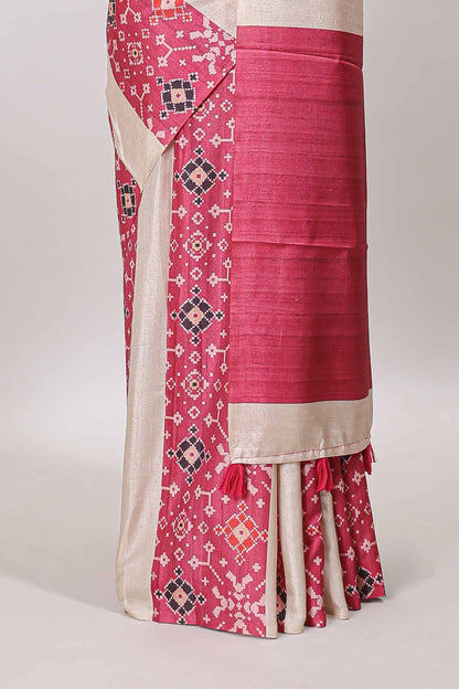 Borderless pink block stripes ikkat style tussar saree with self pallu and matching blouse