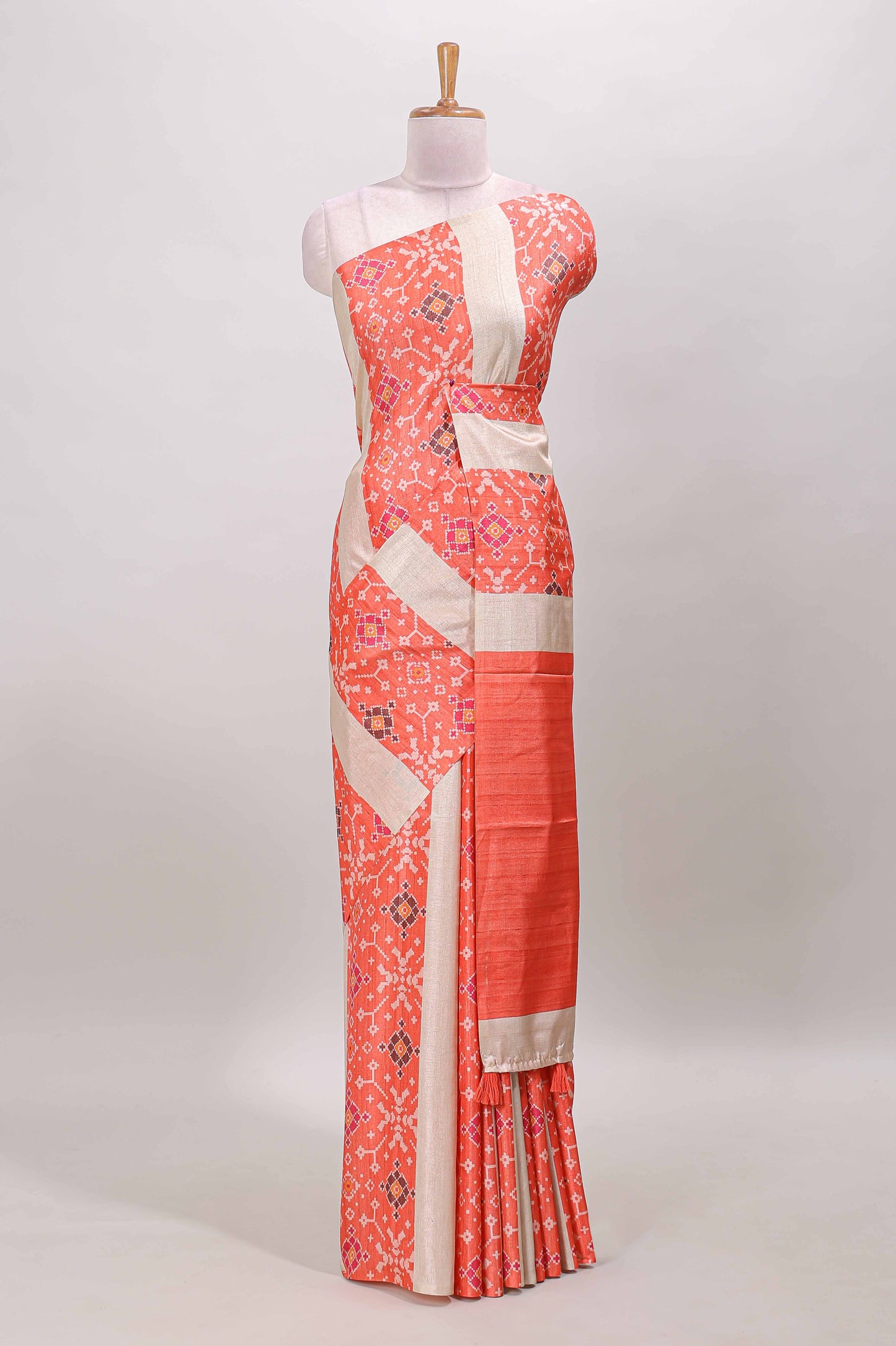 Borderless orange block stripes ikkat style tussar saree with self pallu and matching blouse