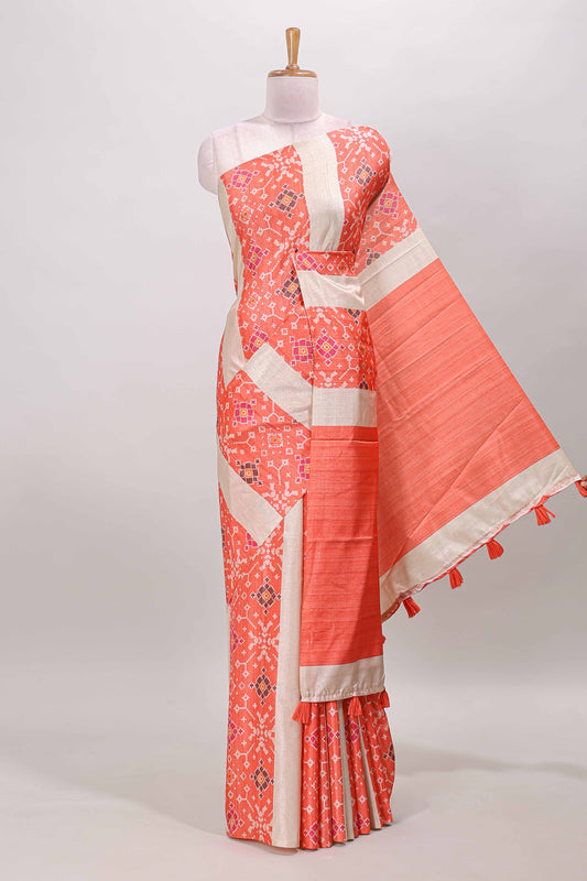 Borderless orange block stripes ikkat style tussar saree with self pallu and matching blouse