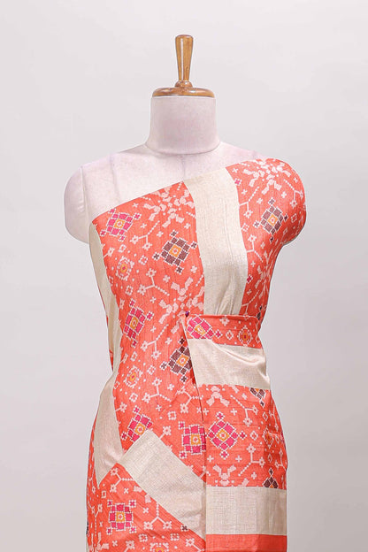 Borderless orange block stripes ikkat style tussar saree with self pallu and matching blouse