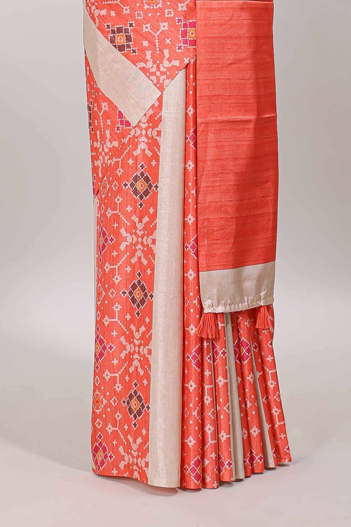 Borderless orange block stripes ikkat style tussar saree with self pallu and matching blouse