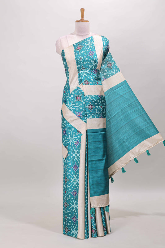 Borderless turquoise green block stripes ikkat style tussar saree with self pallu and matching blouse