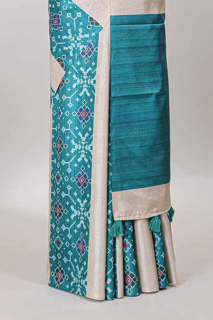 Borderless turquoise green block stripes ikkat style tussar saree with self pallu and matching blouse