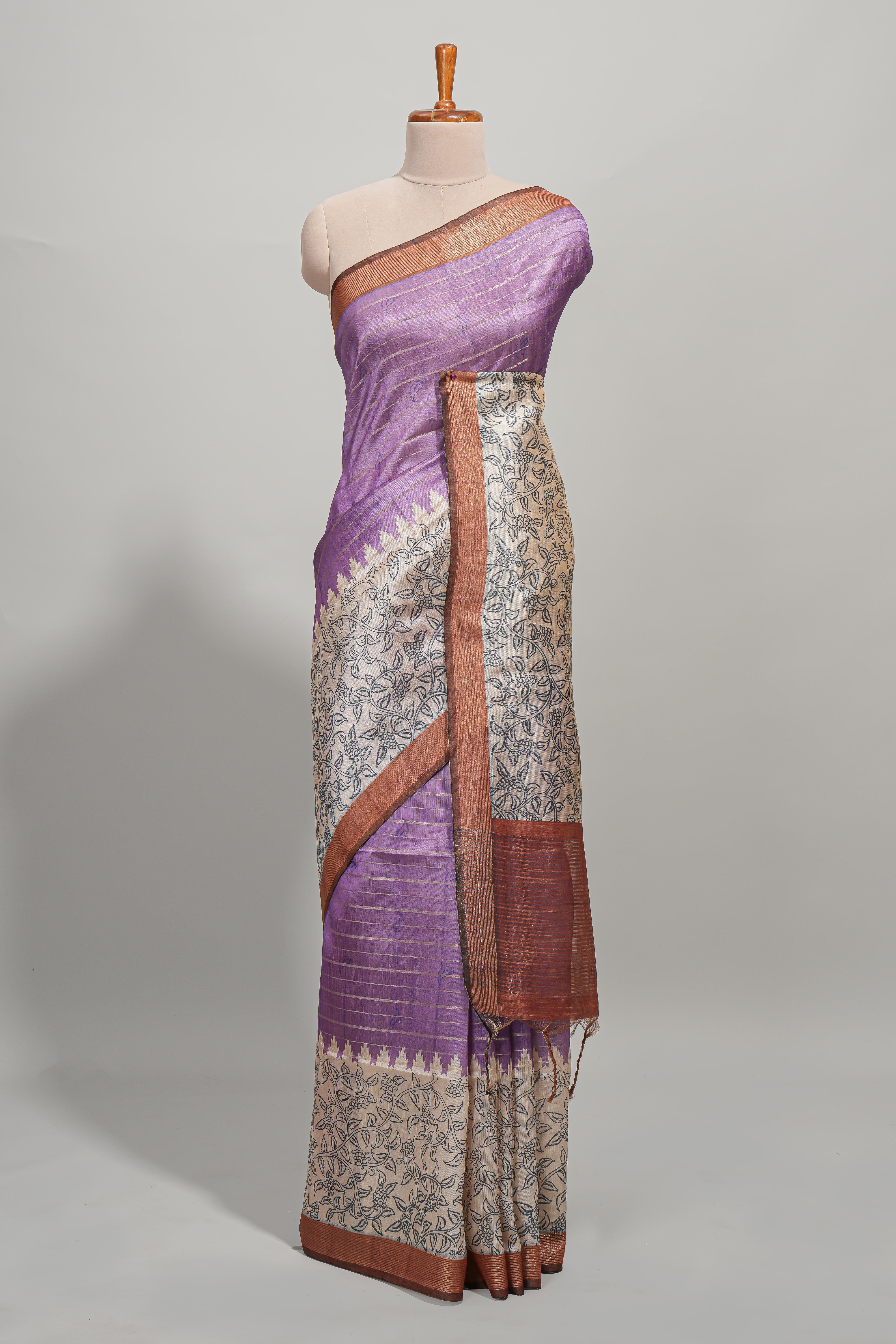 Lavender striped floral design semi tussar saree with contrast border and striped blouse