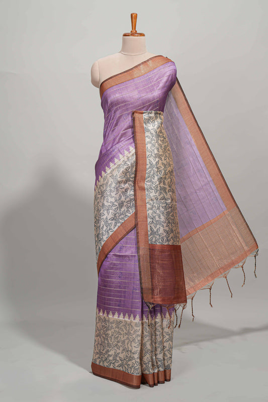 Lavender striped floral design semi tussar saree with contrast border and striped blouse