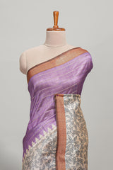 Lavender striped floral design semi tussar saree with contrast border and striped blouse