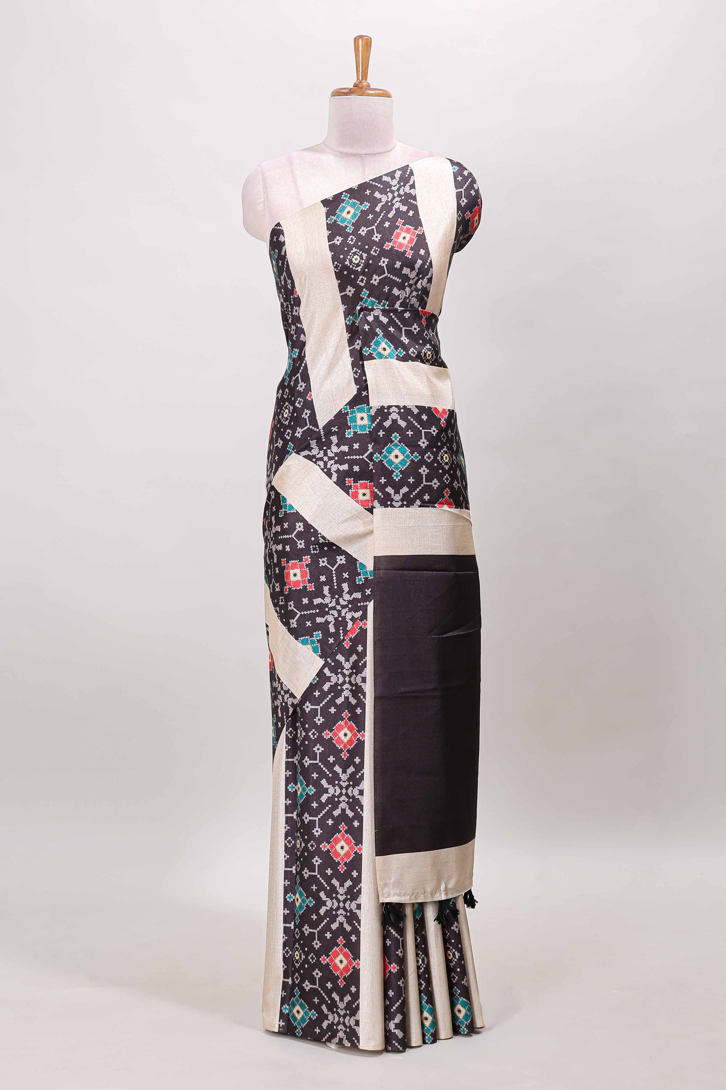 Borderless black block stripes ikkat style tussar saree with self pallu and matching blouse