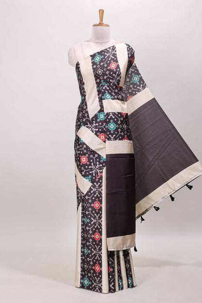 Borderless black block stripes ikkat style tussar saree with self pallu and matching blouse