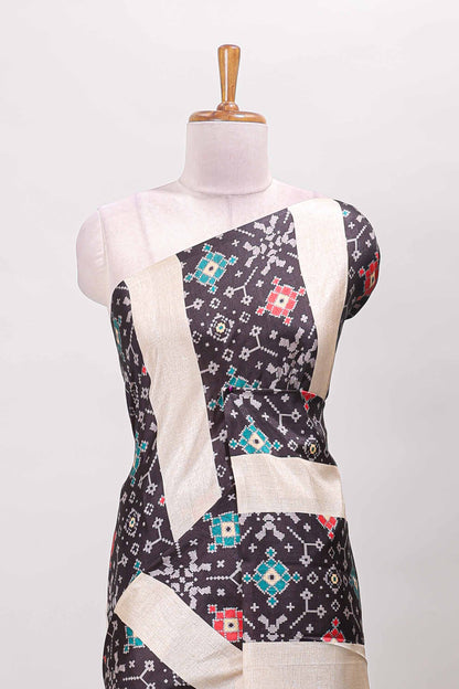 Borderless black block stripes ikkat style tussar saree with self pallu and matching blouse