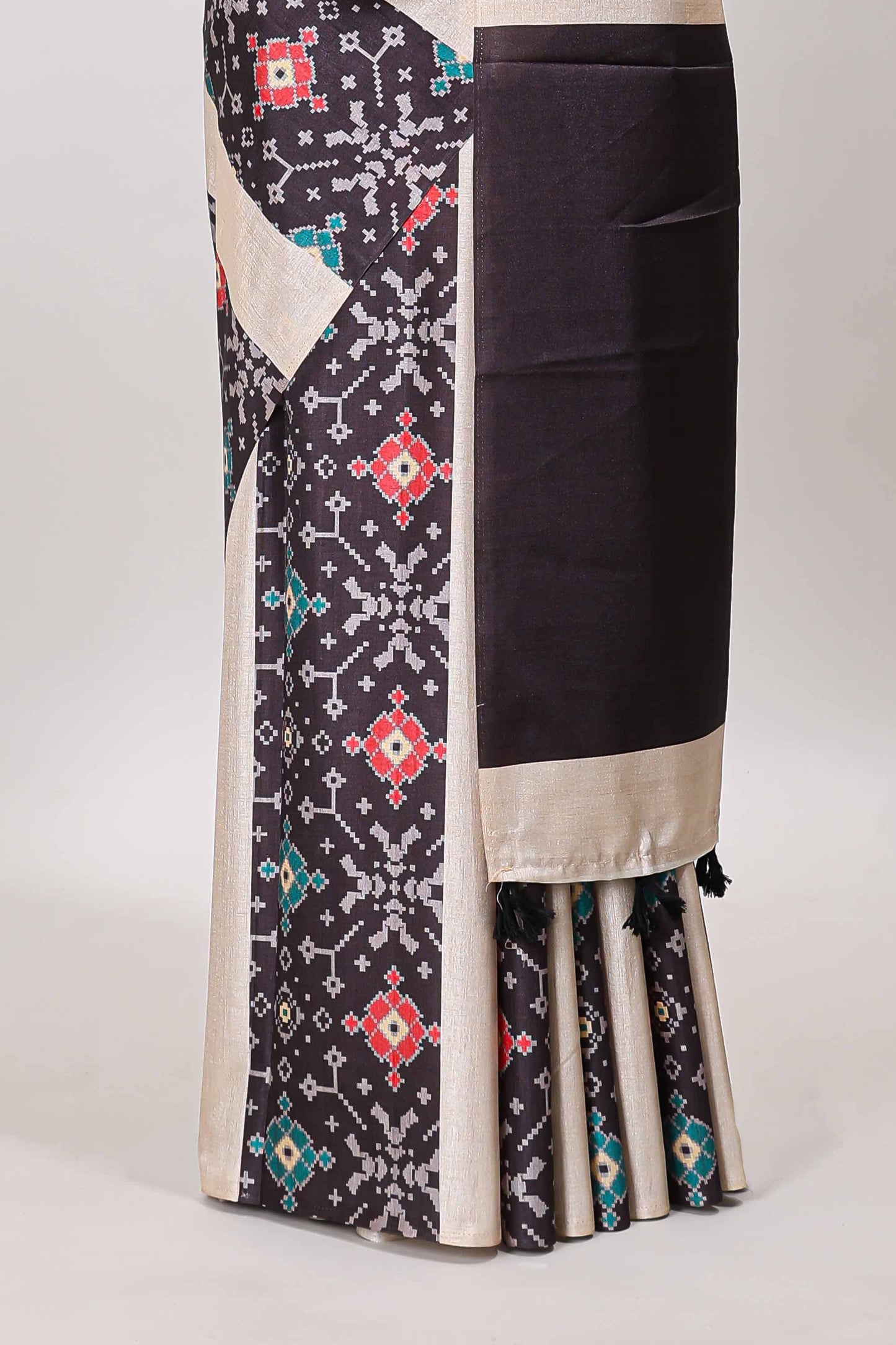 Borderless black block stripes ikkat style tussar saree with self pallu and matching blouse