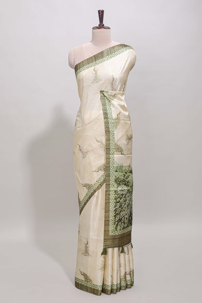 Cream peacock motifs tussar saree with contrast border and peacock printed pallu