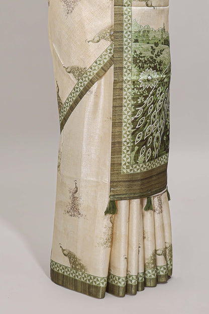 Cream peacock motifs tussar saree with contrast border and peacock printed pallu