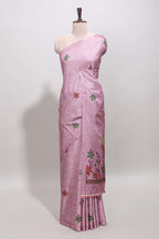 Borderless pink floral motifs art tussar saree with matching blouse and floral design pallu