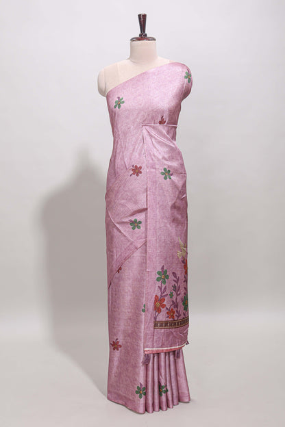 Borderless pink floral motifs art tussar saree with matching blouse and floral design pallu