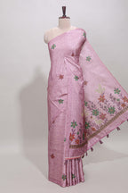 Borderless pink floral motifs art tussar saree with matching blouse and floral design pallu