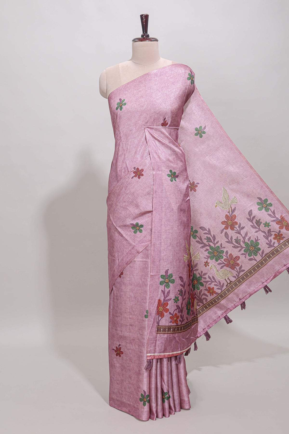 Borderless pink floral motifs art tussar saree with matching blouse and floral design pallu