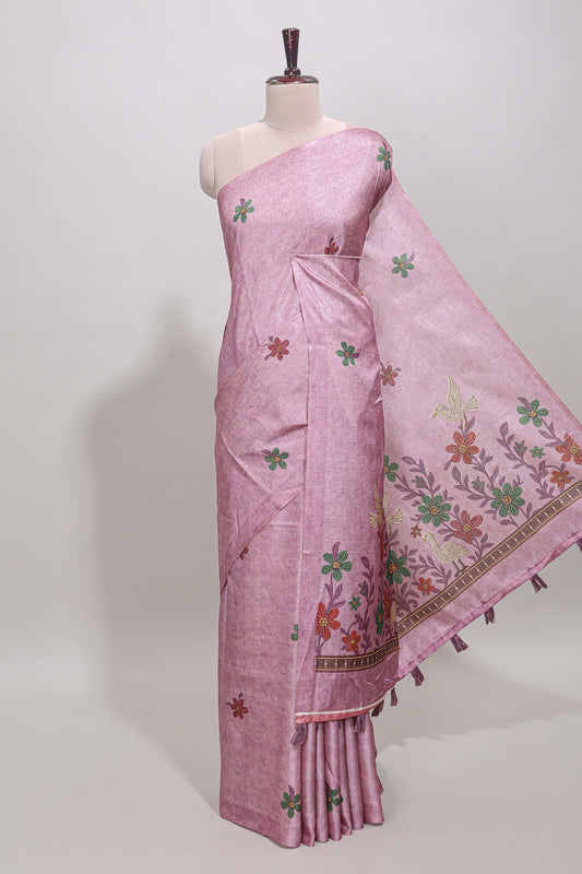 Borderless pink floral motifs art tussar saree with matching blouse and floral design pallu