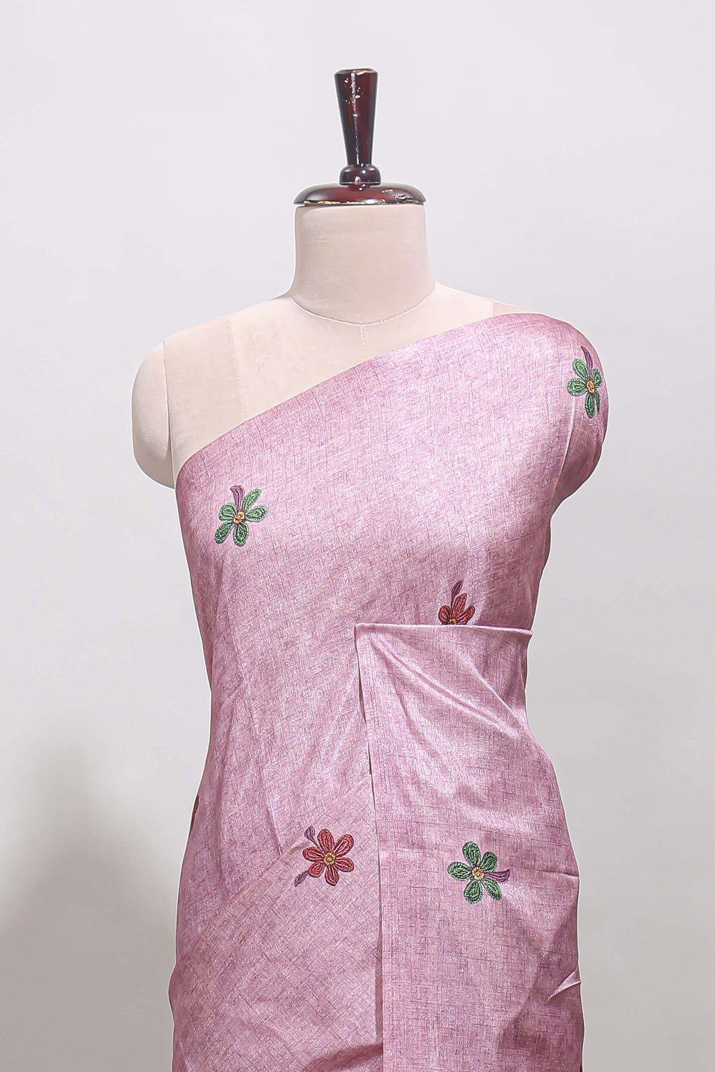 Borderless pink floral motifs art tussar saree with matching blouse and floral design pallu