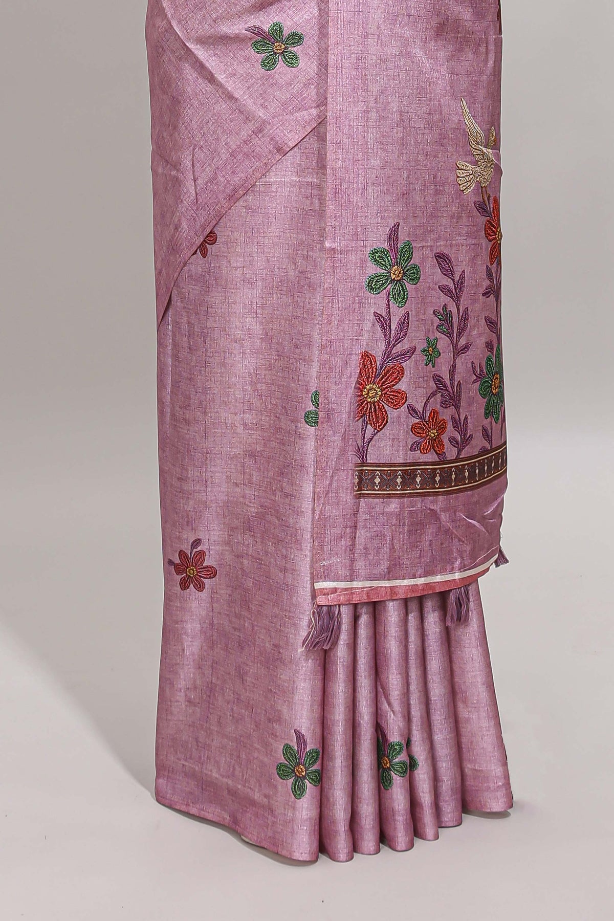 Borderless pink floral motifs art tussar saree with matching blouse and floral design pallu