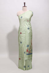 Borderless green floral motifs art tussar saree with matching blouse and floral design pallu