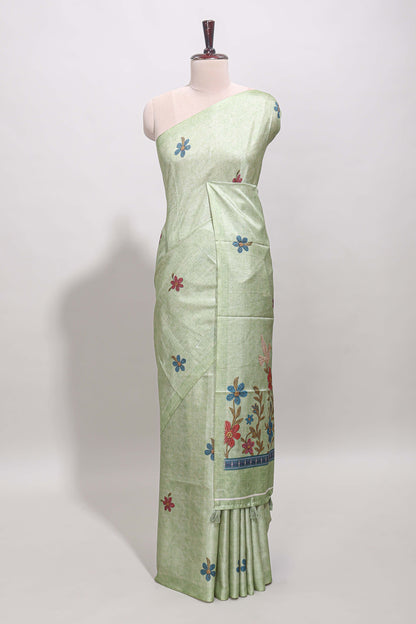 Borderless green floral motifs art tussar saree with matching blouse and floral design pallu