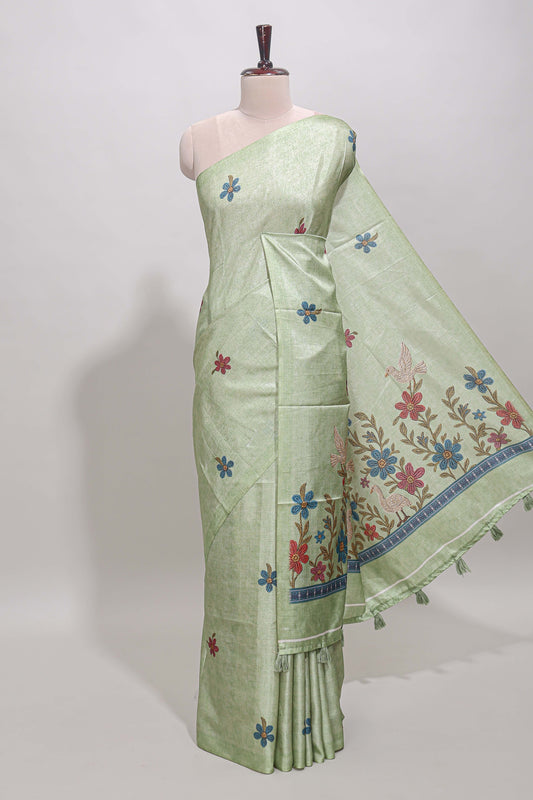 Borderless green floral motifs art tussar saree with matching blouse and floral design pallu
