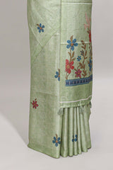 Borderless green floral motifs art tussar saree with matching blouse and floral design pallu