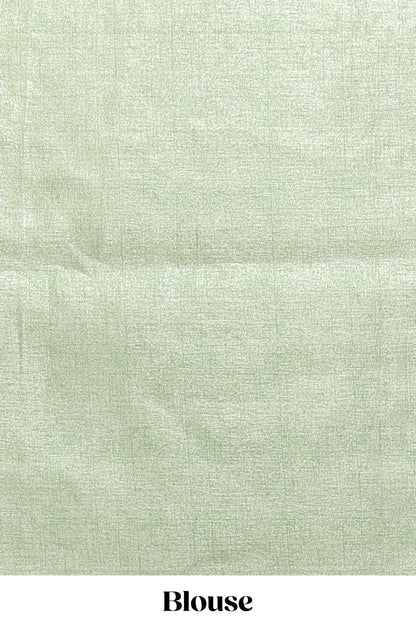 Borderless green floral motifs art tussar saree with matching blouse and floral design pallu