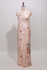 Borderless beige floral motifs art tussar saree with matching blouse and floral design pallu