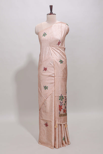 Borderless beige floral motifs art tussar saree with matching blouse and floral design pallu