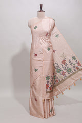 Borderless beige floral motifs art tussar saree with matching blouse and floral design pallu