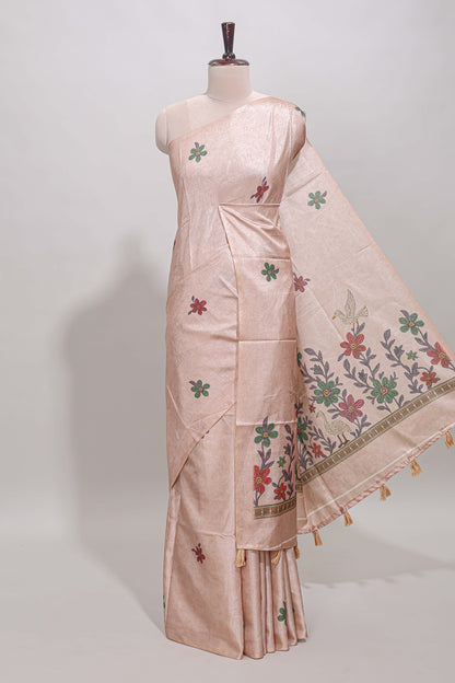 Borderless beige floral motifs art tussar saree with matching blouse and floral design pallu