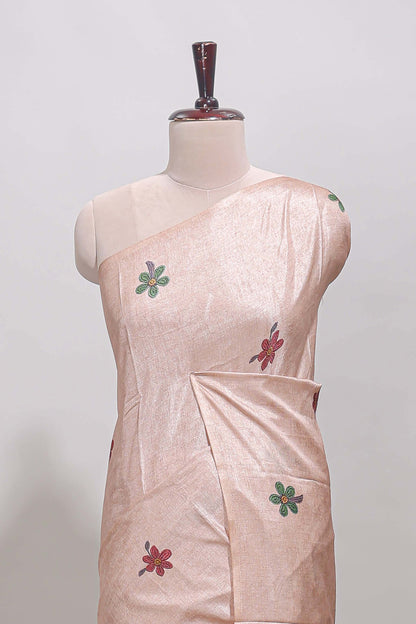 Borderless beige floral motifs art tussar saree with matching blouse and floral design pallu